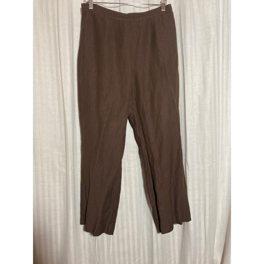 Kasper Chocolate Brown Linen High Rise Straight Leg Pants Women 12 Minimalist